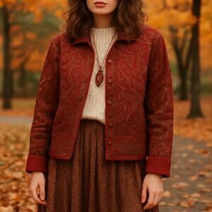 90s Vintage Coldwater Creek Plaid Quilted Jacket Rust Red Brown Size 16